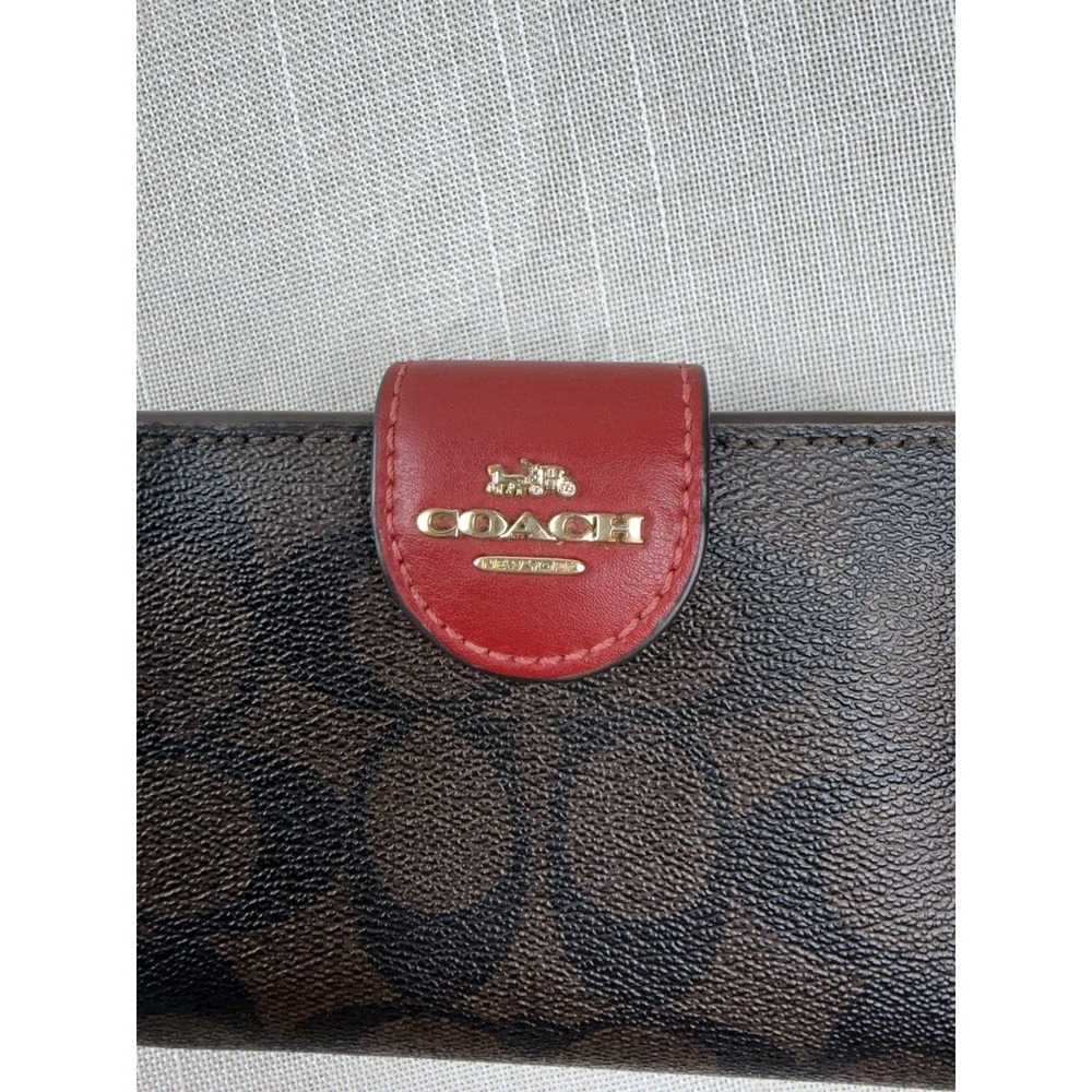 Coach Wallet Womens One Size Brown Red Signature Logo Zip Around Bifold Leather - Picture 2 of 12
